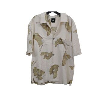 Aureus 100% Silk Leaf Print Shirt Men’s Large Tropical Beige Aloha Vintage